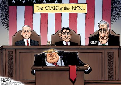 Political cartoon U.S. Trump State of the Union Mueller Russia investigation