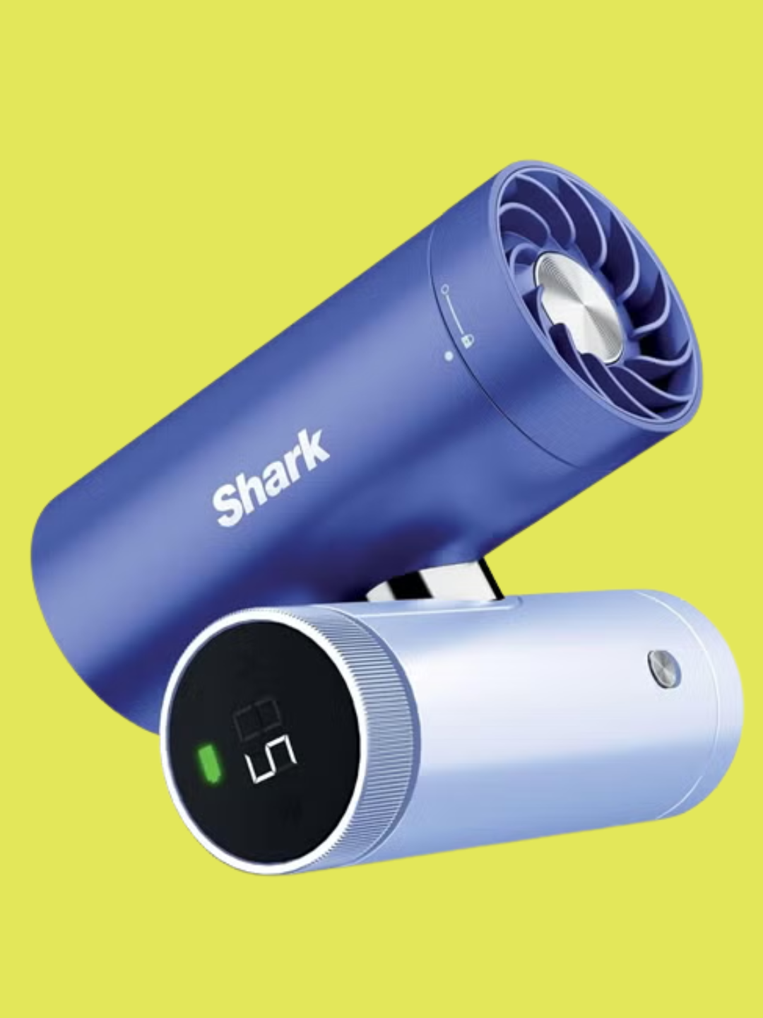 A purple-blue handheld portable fan from Shark