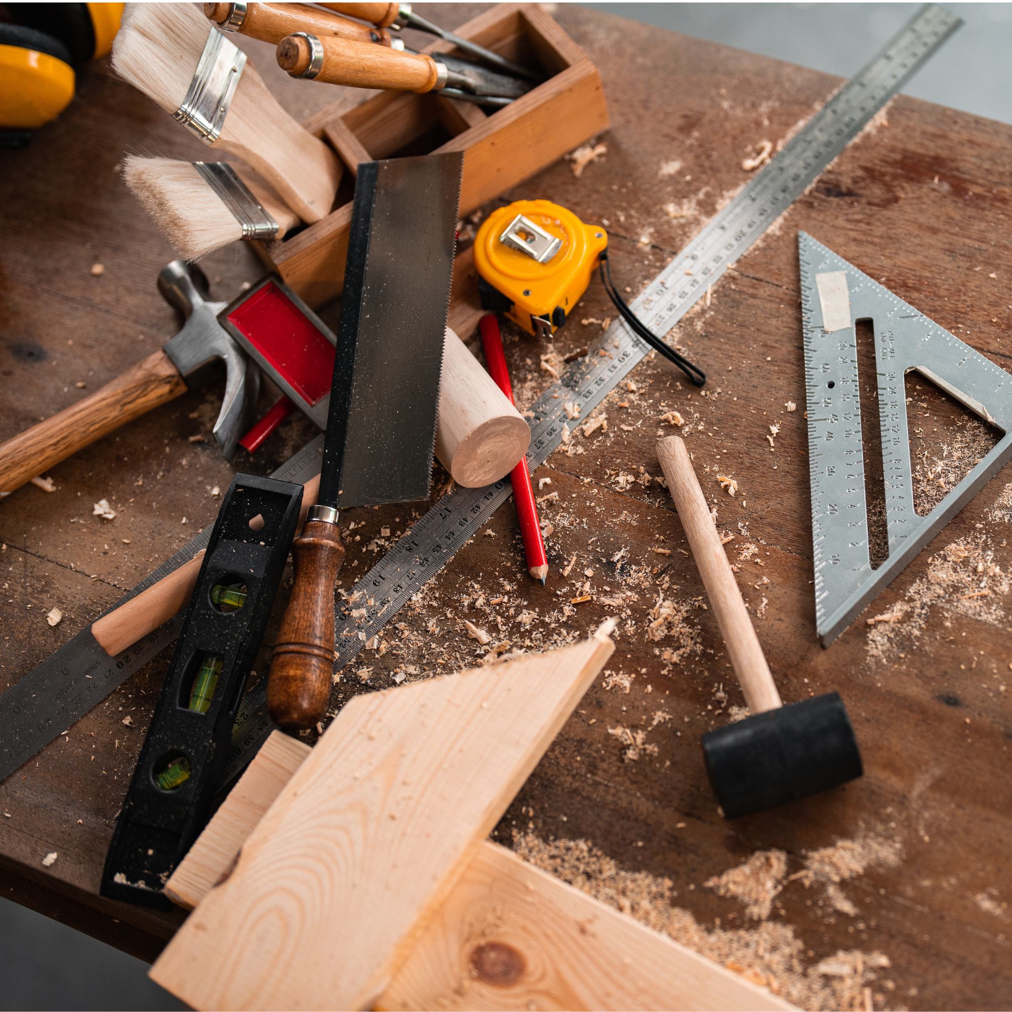 Tools, including set square, mallet, and tape measure, on a workbench