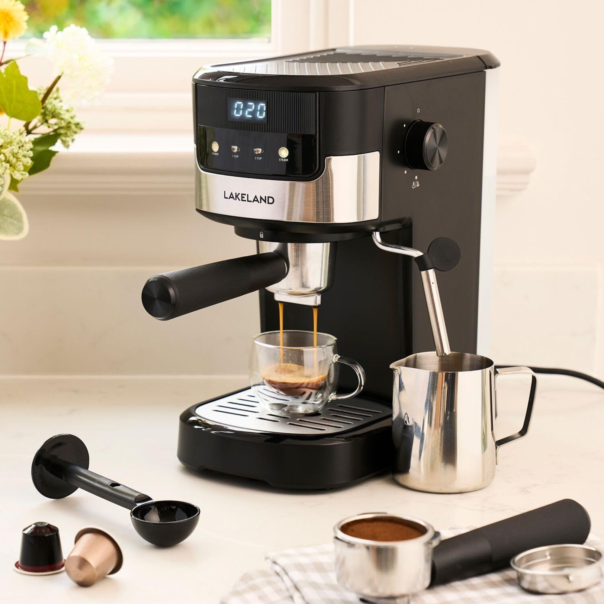 Espresso 3-in-1 Coffee Machine from lakeland in black on kitchen side