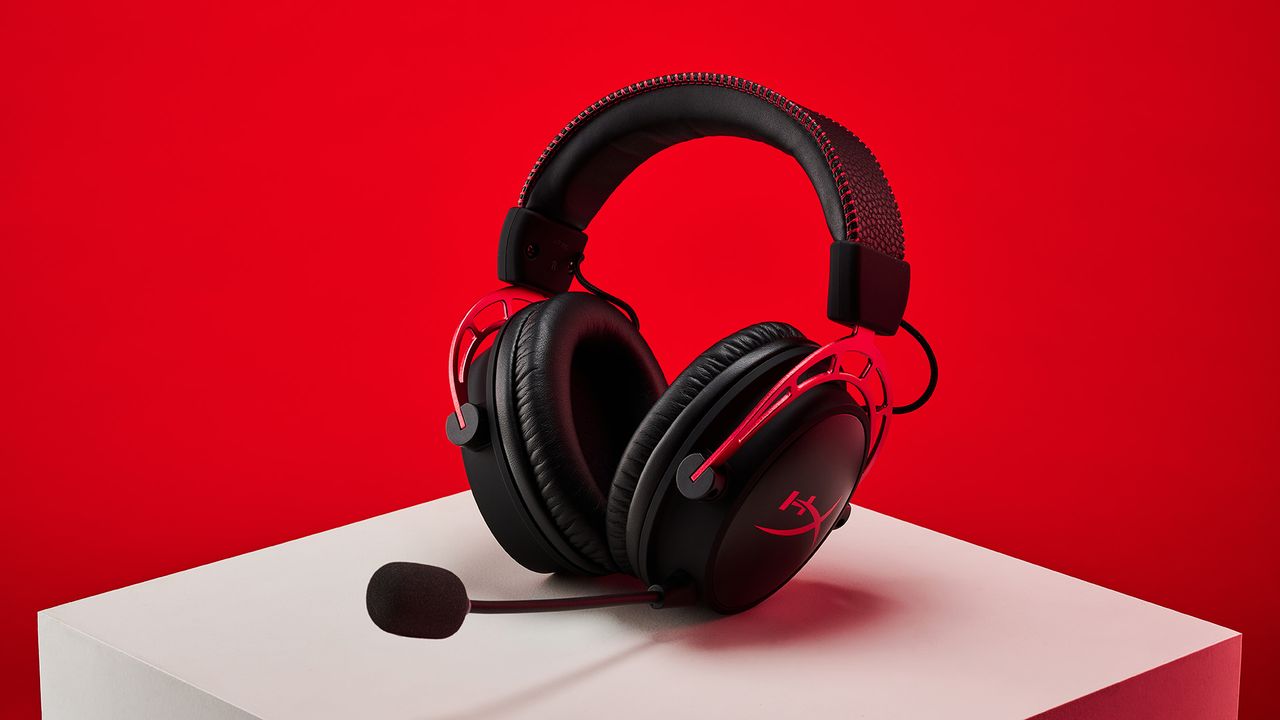 HyperX Cloud Alpha Wireless headphones on a red background