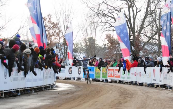 Jonathan Page (ENVGT/ Planet Bike) receives a rousing welcome as he rolls across the line