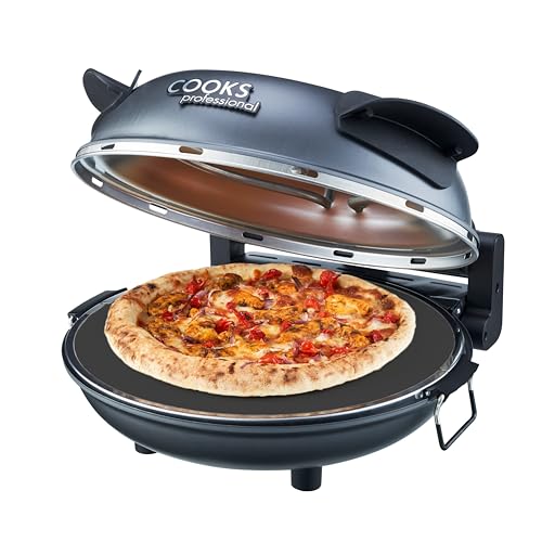Cooks Professional Electric Pizza Oven With 31cm Stone Base, Glass Window, Timer, Stainless Steel Paddles &amp;amp; Baking Sheet | Energy Efficient Portable Countertop Pizza Maker Machine 1200w | Grey