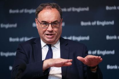 Photograph of Bank of England Governor Andrew Bailey at a press conference.