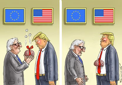 Political cartoon U.S. Trump EU chief Jean-Claude Juncker in Washington