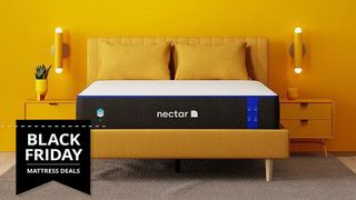 Nectar Memory Foam Mattress on a yellow bed frame in a yellow bedroom with a Black Friday mattress deals badge overlaid on the main image
