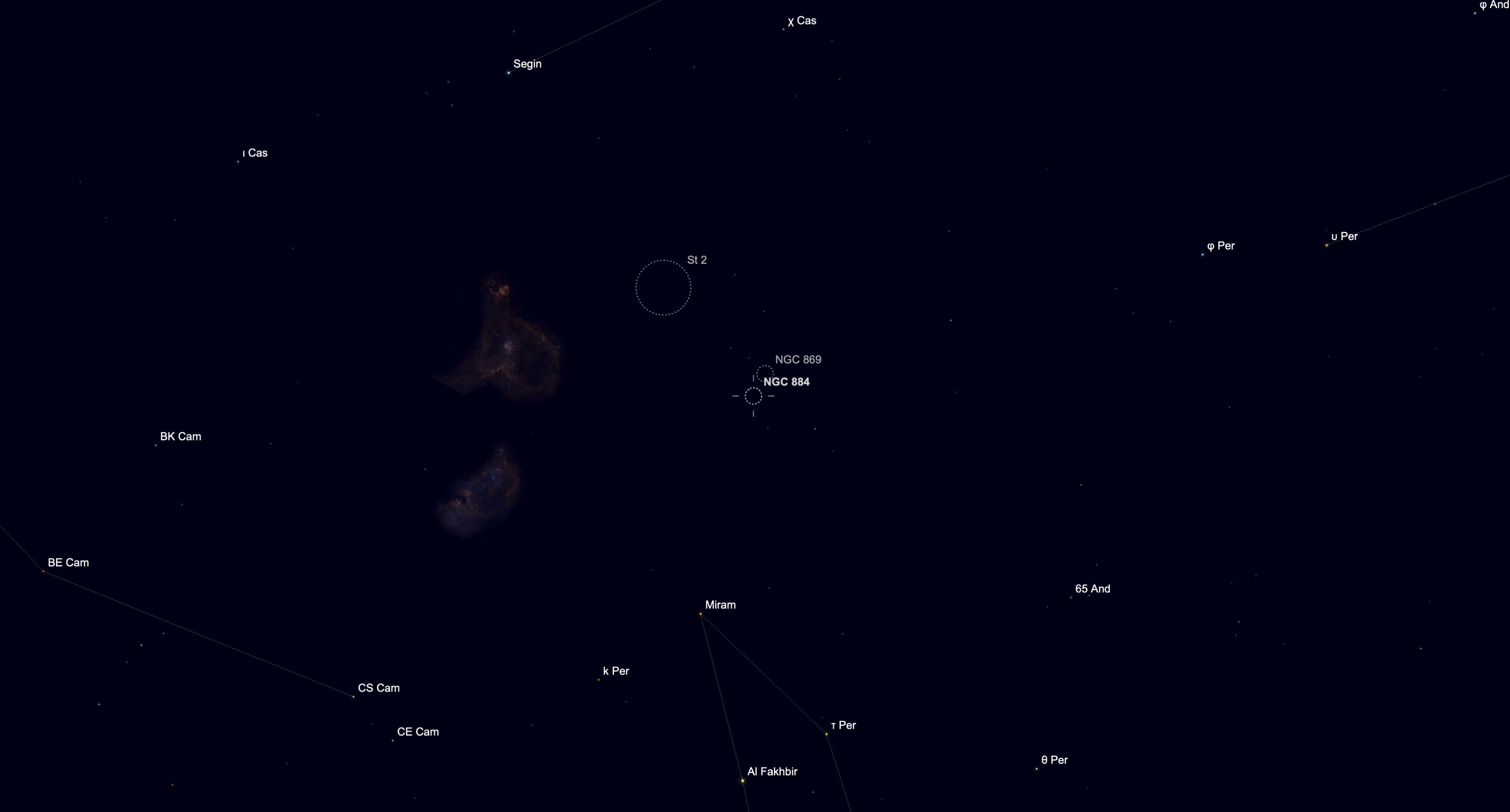 Star chart showing the location of the Double Cluster, NGC 869 and NGC 884, between Perseus and Cassiopeia.