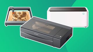 Three laser engravers and cutters on a green background