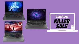 Lenovo LOQ, Legion Slim 5, Legion 5i against purple background