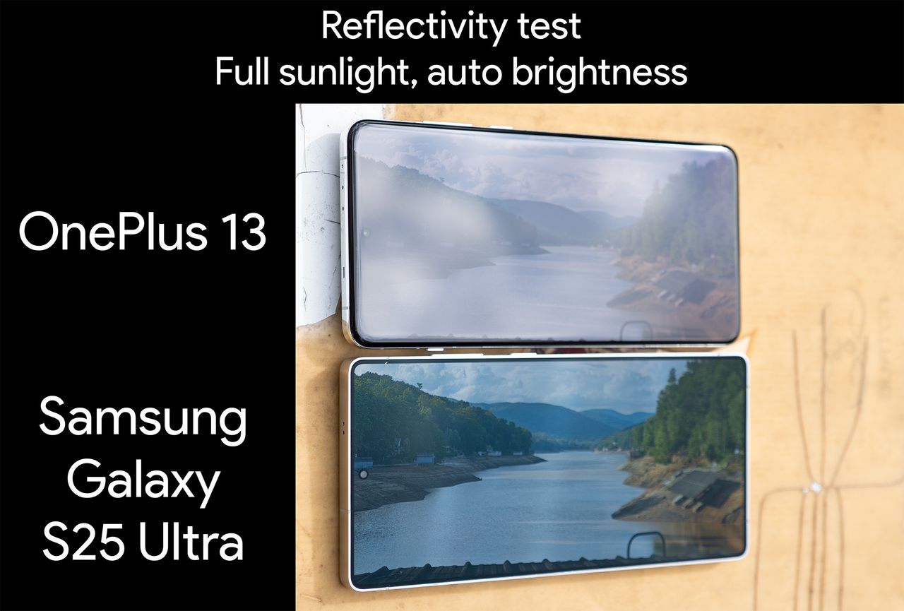 Testing screen reflectivity in full sunlight between the OnePlus 13 and Samsung Galaxy S25 Ultra