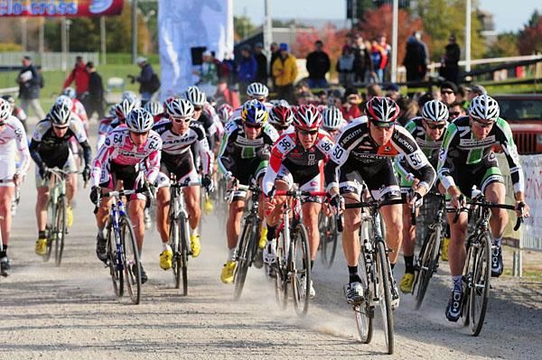 The elite men's start is lead out by Mike Garrigan (La Bicicletta).
