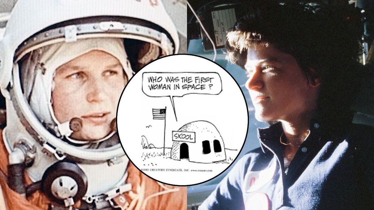 photo collage showing valentina tereshkova, sally ride and a panel from johnny hart&#039;s b.c. comic strip