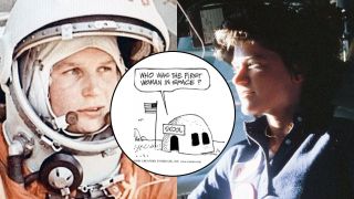 photo collage showing valentina tereshkova, sally ride and a panel from johnny hart's b.c. comic strip