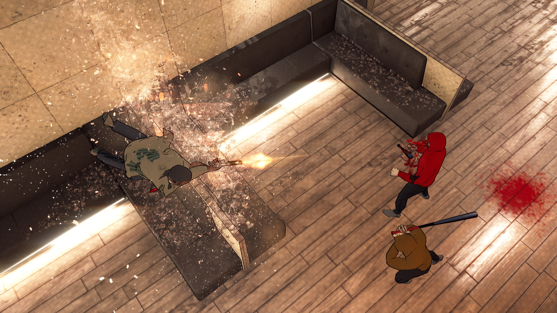 A player in Suit for Hire diving through glass while shooting at two enemies