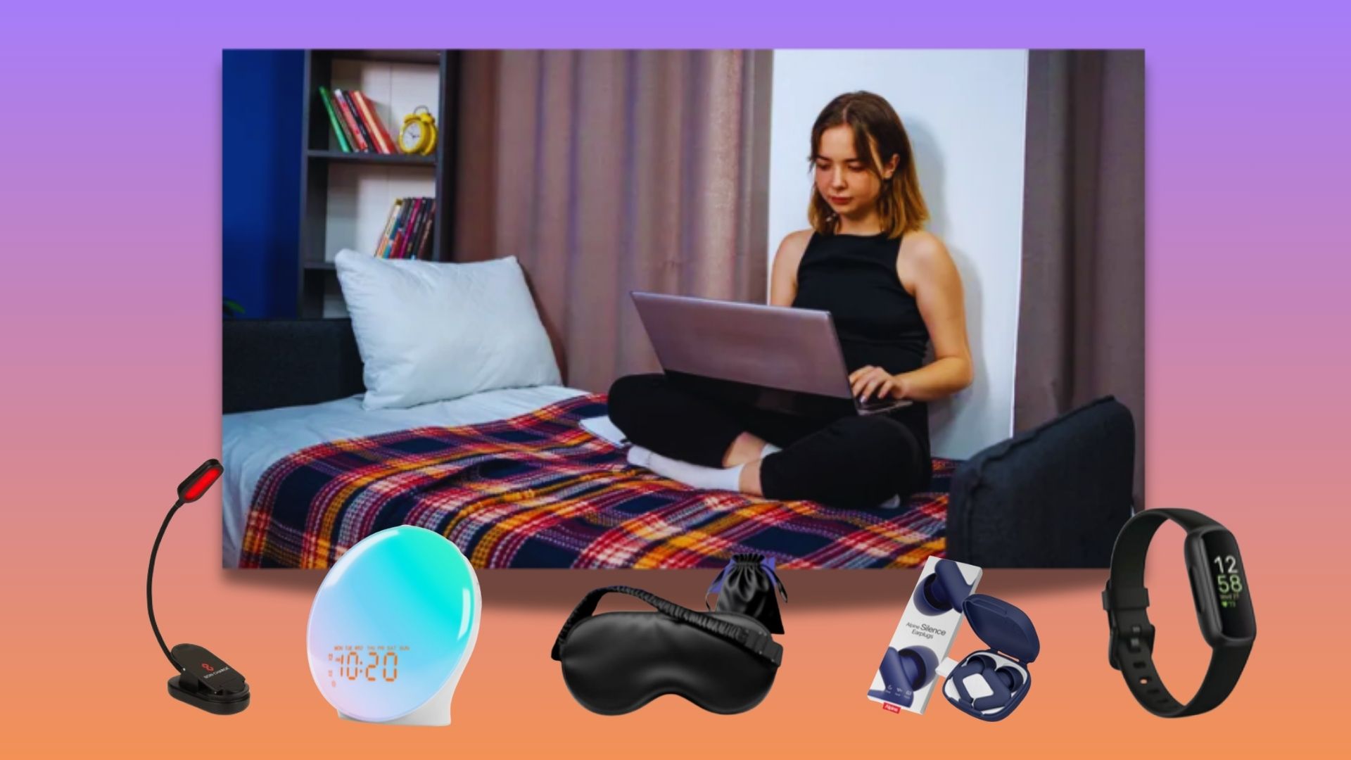 A woman sitting on bed with tartan blanket with legs crossed on laptop. Sleep accessories including read clip light, sunrise alarm clock, sleep mask, ear plugs and smart watch underneath image 