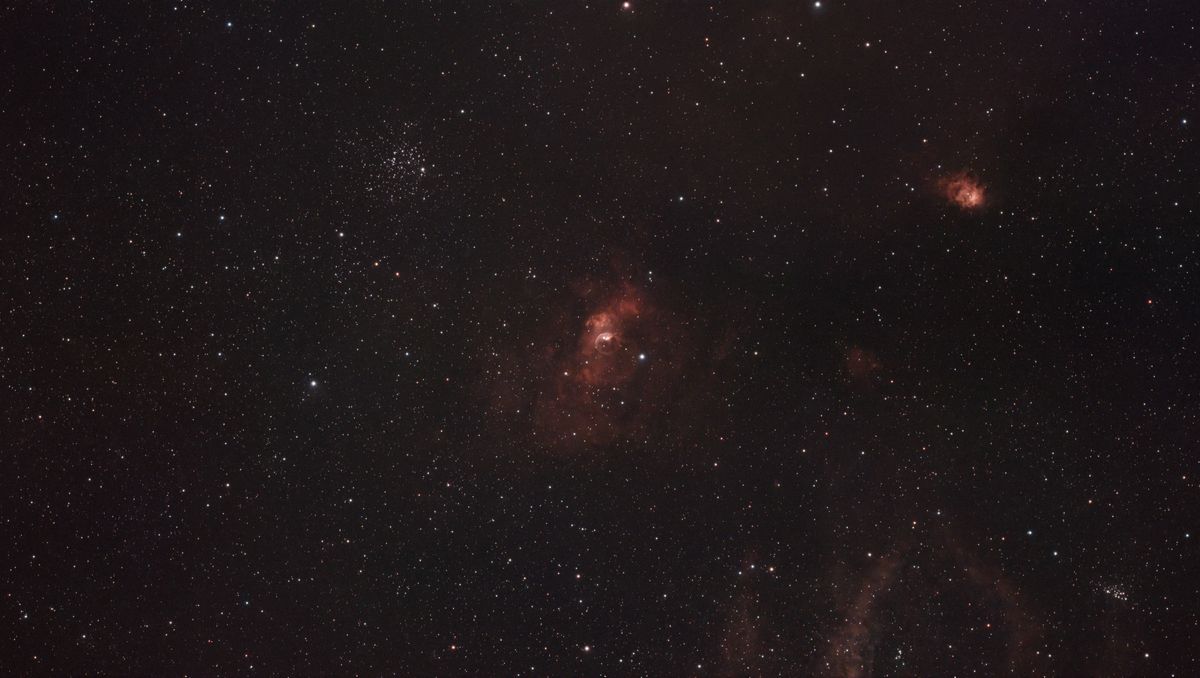 A photograph of the Bubble Nebula, taken with the Dwarf III smart telescope, processed in Pixinsight