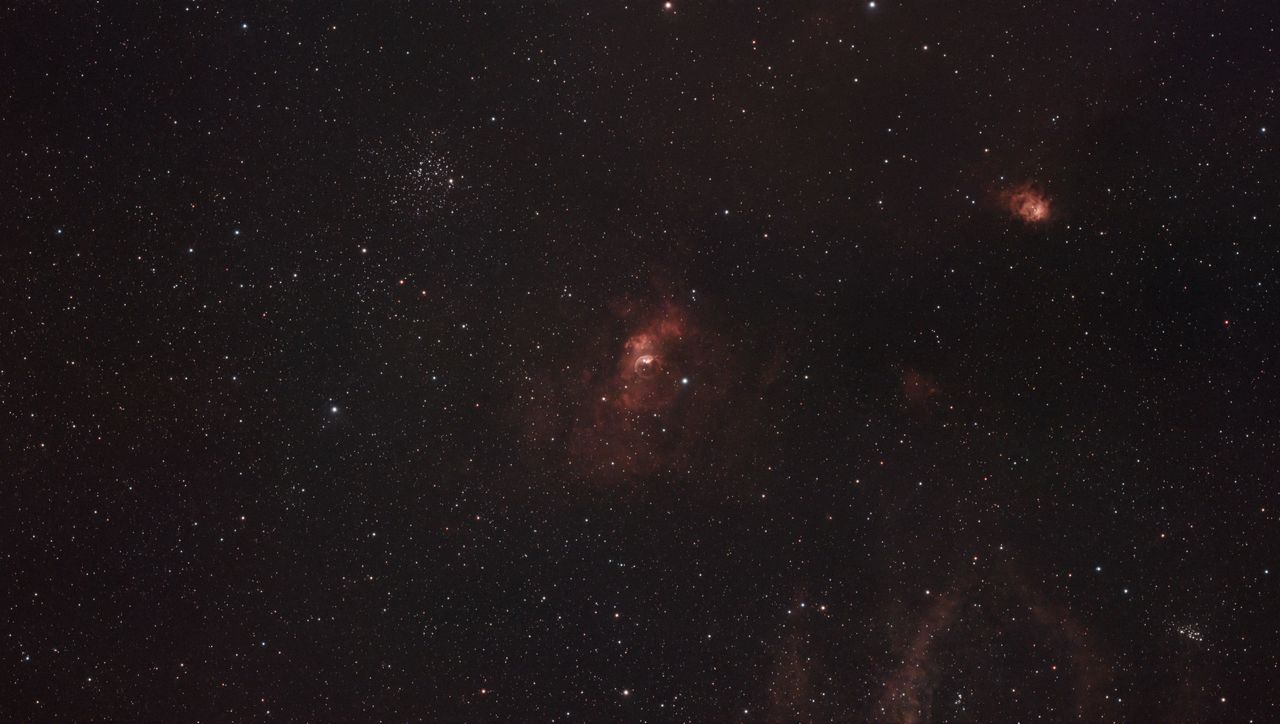 A photograph of the Bubble Nebula, taken with the Dwarf III smart telescope, processed in Pixinsight