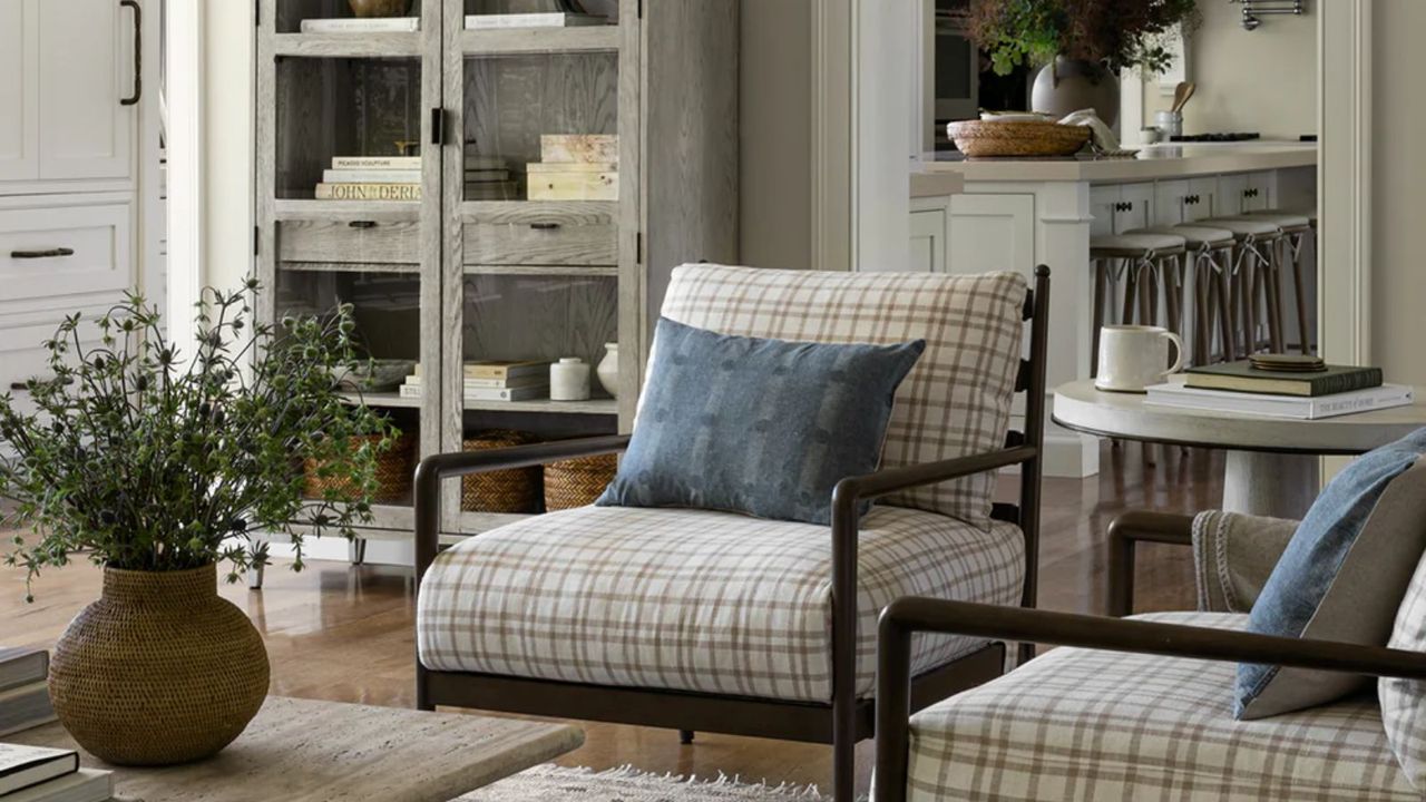 mcgee and co living room with two plaid upholstered arm chairs