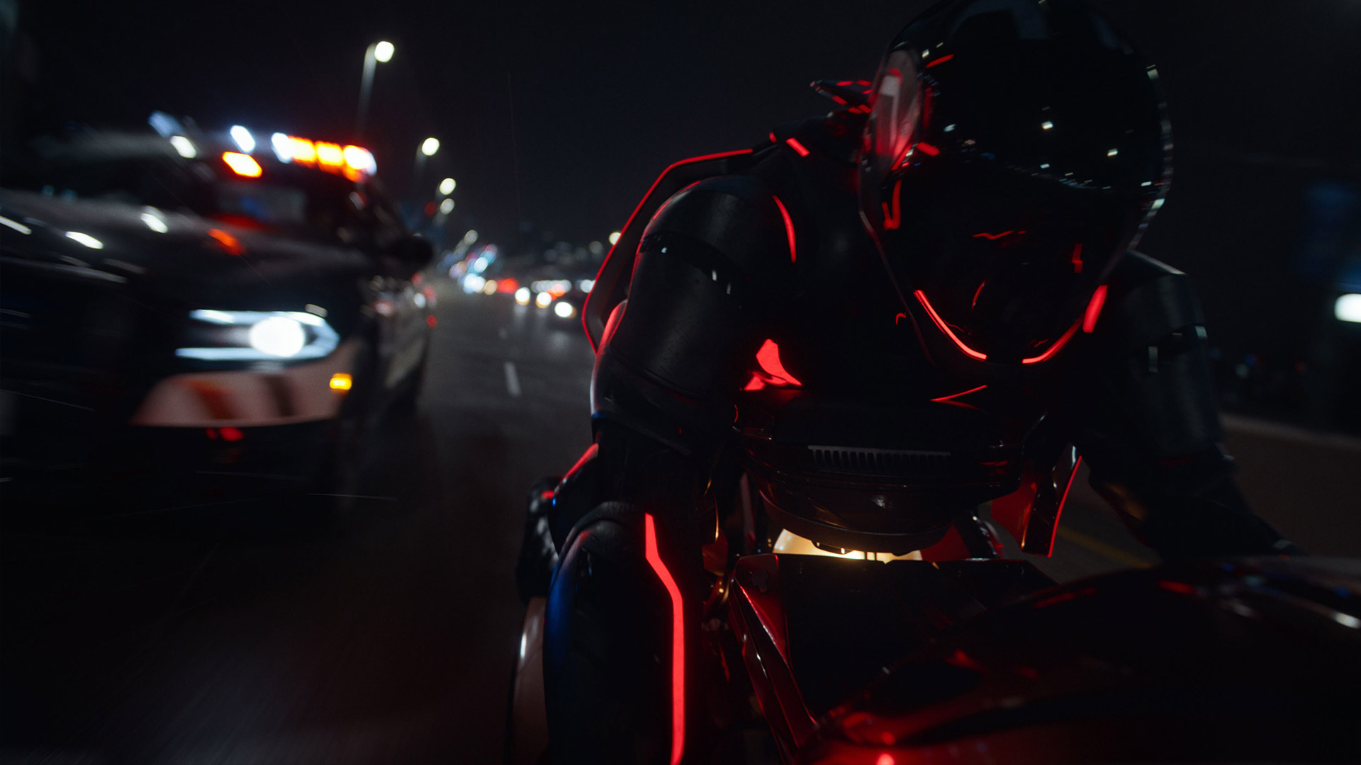 A person in a Tron suit rides a bike with a cop car next to it