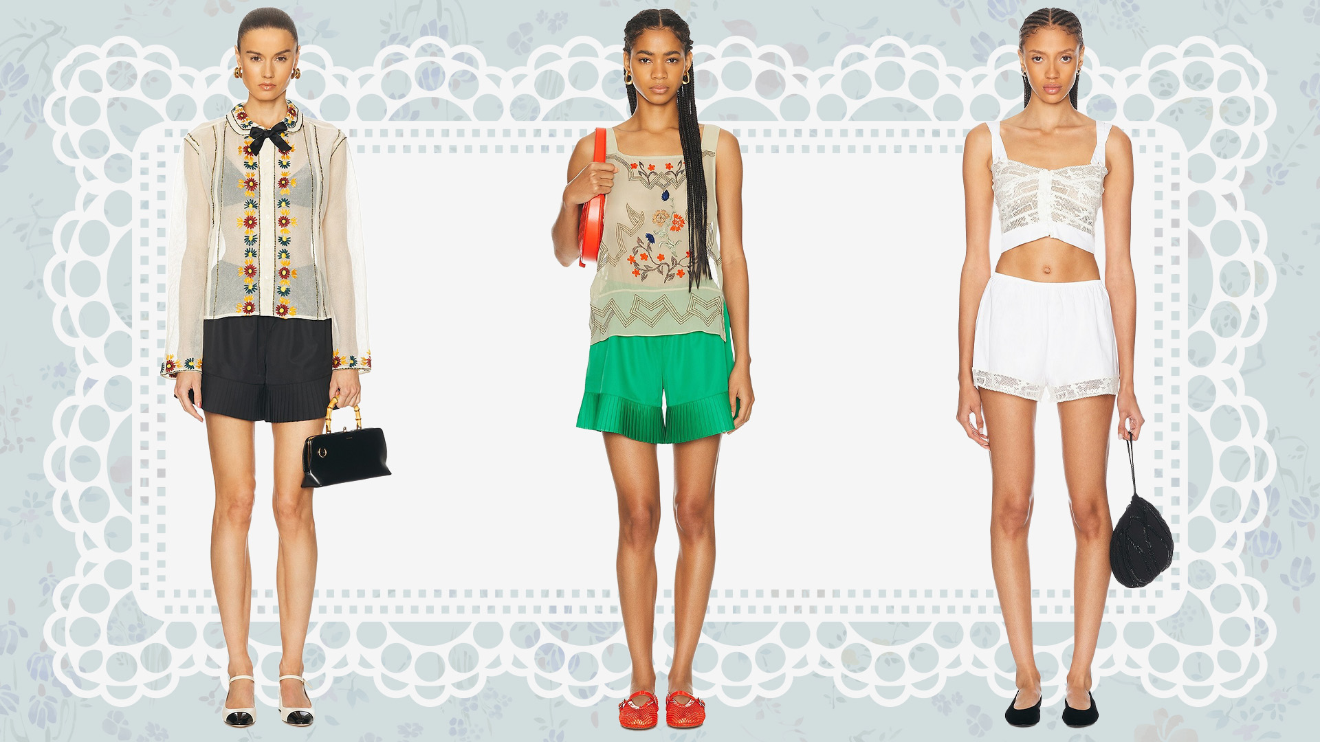 Collage of models wearing Bode pleated shorts.