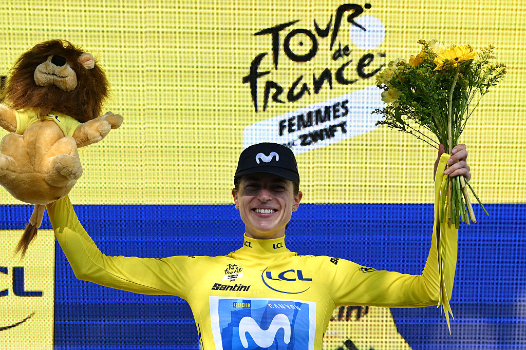 DIJON, FRANCE - AUGUST 04: Marlen Reusser of Switzerland and Team Movistar celebrates at podium as Yellow Leader Jersey winner during the 5th Tour de France Femmes 2026, Stage 4 a 21km individual time trial stage from Gevrey-Chambertin to Dijon / #UCIWWT / on August 04, 2026 in Dijon, France. (Photo by Tim de Waele/Getty Images)