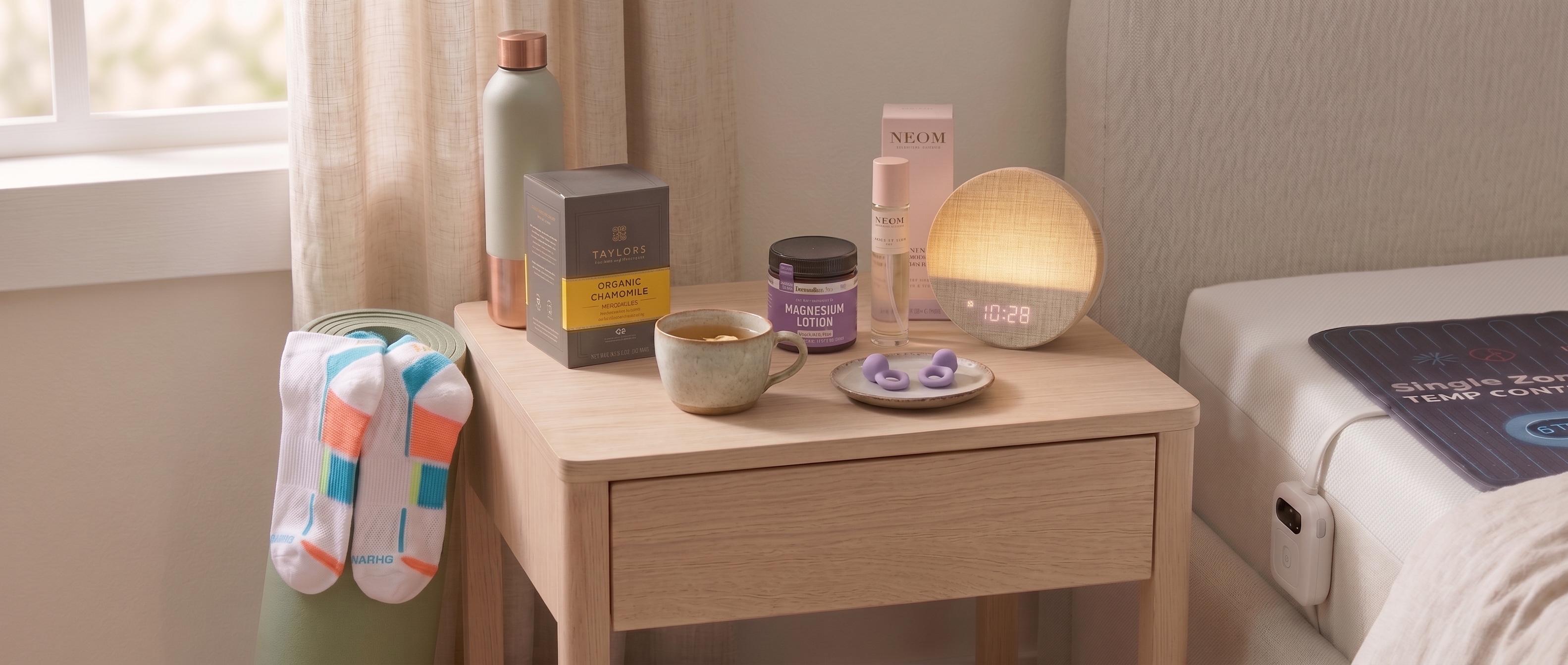 A selection of sleep products on wooden bedside table including a Dreamegg sunrise alarm clock, NEOM pillow mist, purple Loop Quiet 2 ear plugs, chamomile tea, and magnesium body butter. 