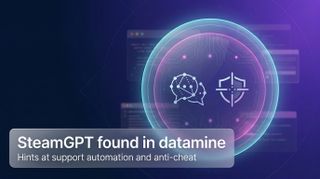 Abstract tech orb representing SteamGPT datamine, with icons for support and anti‑cheat and a text badge reading SteamGPT found in datamine.