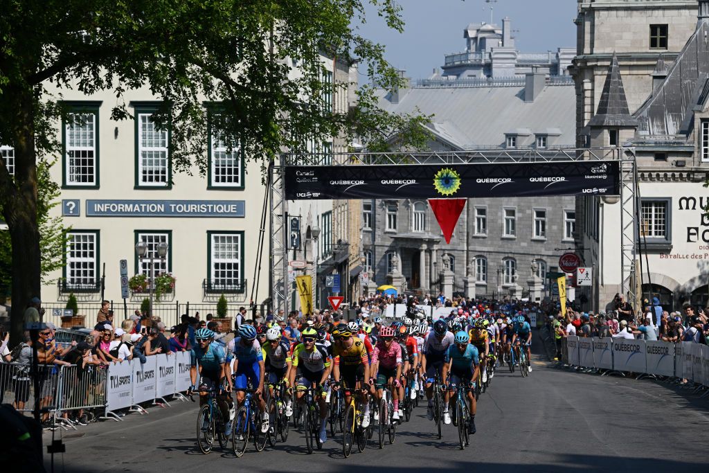 QUEBEC CITY QUEBEC SEPTEMBER 09 A general view of Manuele Boaro of Italy and Team Astana Qazaqstan Damien Howson of Australia and Team BikeExchange Jayco Loic Vliegen of Belgium and Team Intermarch Wanty Gobert Matriaux Tobias Foss of Norway and Team Jumbo Visma Andrea Piccolo of Italy and Team EF Education Easypost and the peloton compete during the 11th Grand Prix Cycliste de Qubec 2022 a 2016km one day race from Quebec to Quebec GPCQM on September 09 2022 in Quebec City Quebec Photo by Dario BelingheriGetty Images