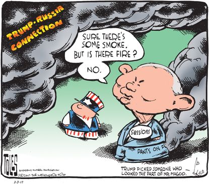 Political Cartoon U.S. Jeff Sessions Russia liar smoke
