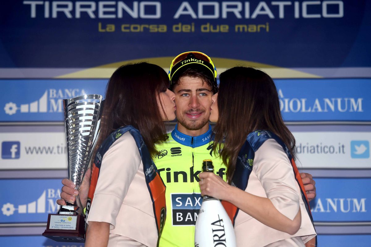 Peter Sagan enjoying his first visit to the podium in 2015 for winning