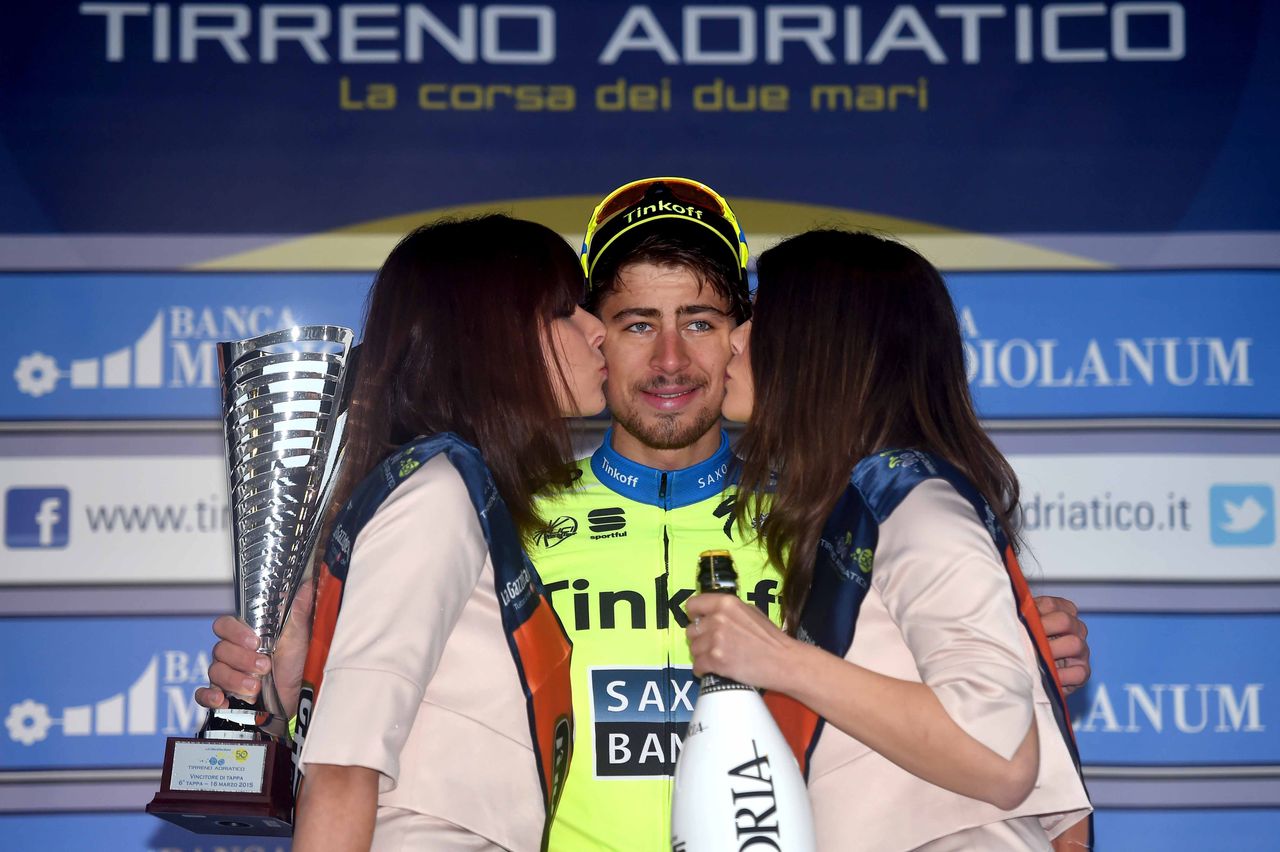 Peter Sagan enjoying his first visit to the podium in 2015 for winning