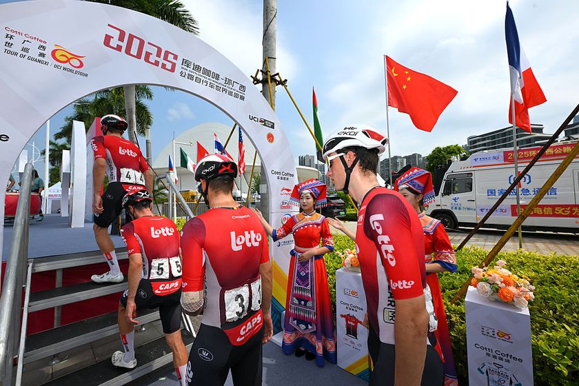 NANNING, CHINA - OCTOBER 19: Steffen De Schuyteneer of Belgium and Team Lotto with teammates prior to the 6th Gree-Tour Of Guangxi 2025, Stage 6 a 134.3km stage from Nanning to Nanning / #UCIWT / on October 19, 2025 in Nanning, China. (Photo by Tim de Waele/Getty Images)