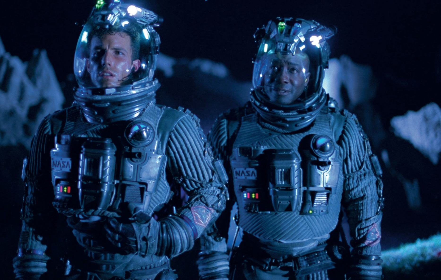 Two men in sci-fi astronaut suits in a feature film