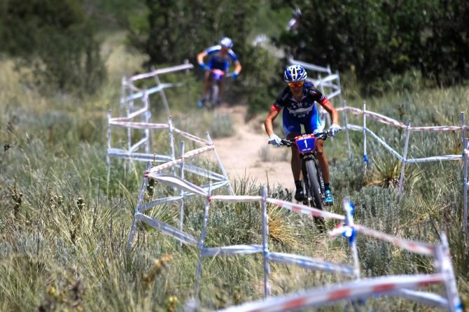 Katerina Nash (Luna Pro Team) leads down the fast downhill in the elite women's race in Colorado Springs, round 4 of the USA Cycling US Cup Series presented by Sho-Air Cycling Group
