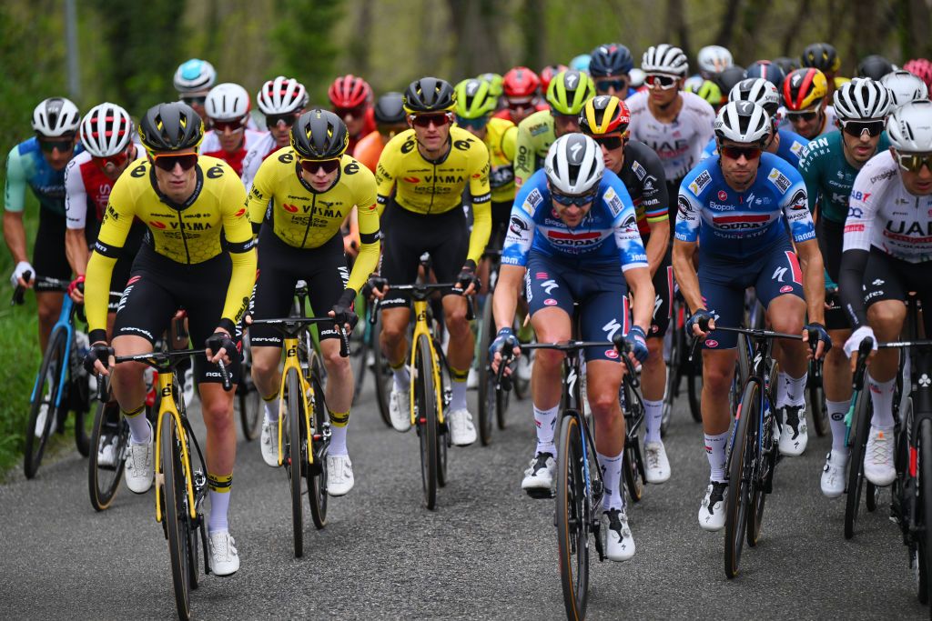KANBO FRANCE APRIL 02 LR Jonas Vingegaard Hansen of Denmark and Team Visma Lease a Bike and Mikel Landa of Spain and Team Soudal QuickStep compete during the 63rd Itzulia Basque Country 2024 Stage 2 a 160km stage from Irun to Kanbo UCIWWT on April 02 2024 in Kanbo France Photo by Tim de WaeleGetty Images