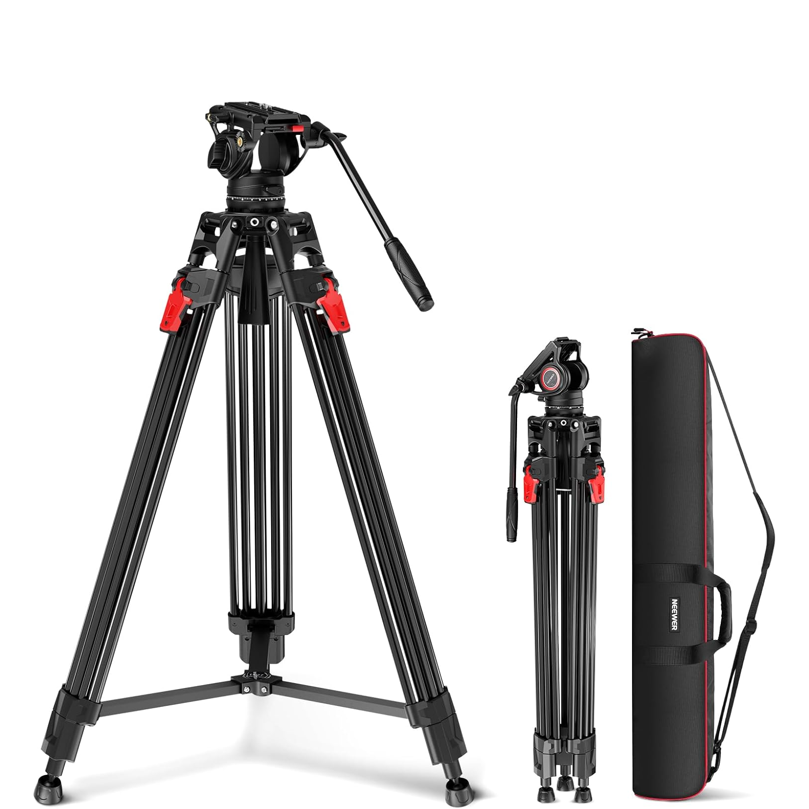 Neewer LL27 video tripod with opened legs and smaller inset showing closed tripod and carry bag on a white background