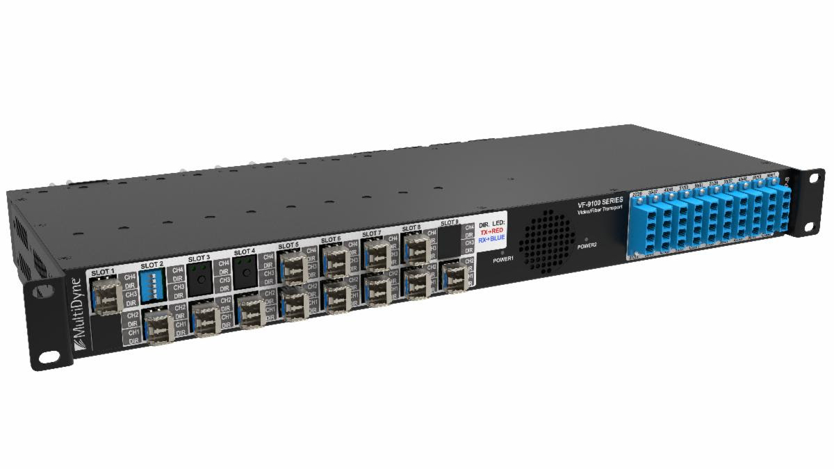 The MultiDyne VersaFrame VF-9100 fiber transport platform.