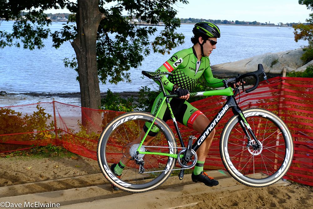 Curtis White (Cannondale) racing past the ocean with the race lead during lap two