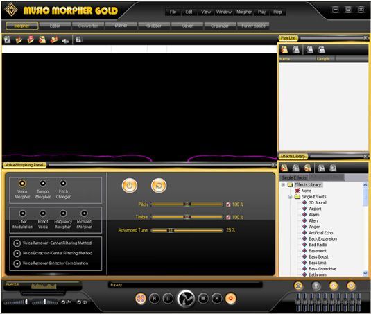 AV Music Morpher Gold&rsquo;s homepage lets you record and play audio from a single file or an entire playlist.