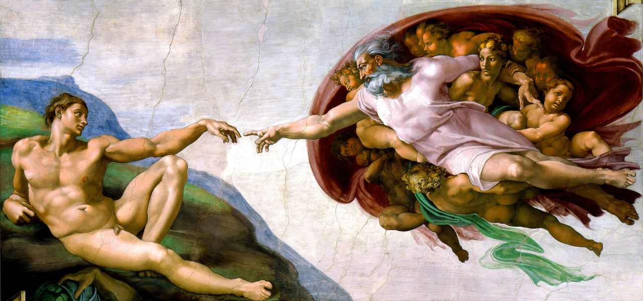 Creation of Adam, by Michelangelo, 1510, in the Sistine Chapel at the Vatican.