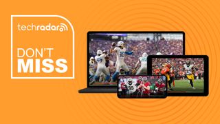 Tablet, phone, and computer displaying NFL games on orange background with don't miss text overlay