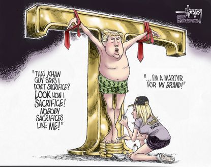 Political cartoon U.S. Trump 2016 martyr for brand