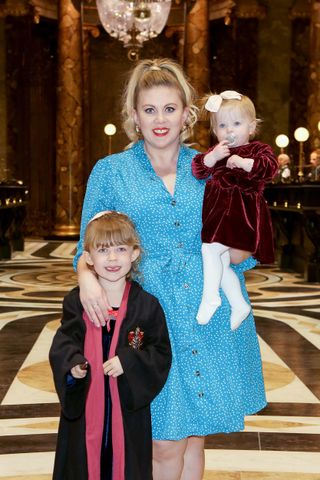 Louise Pentland with daughter Darcy and Pearl exclusive launch event for the Original Gringotts Wizarding Bank at Warner Bros. Studio Tour London 2019