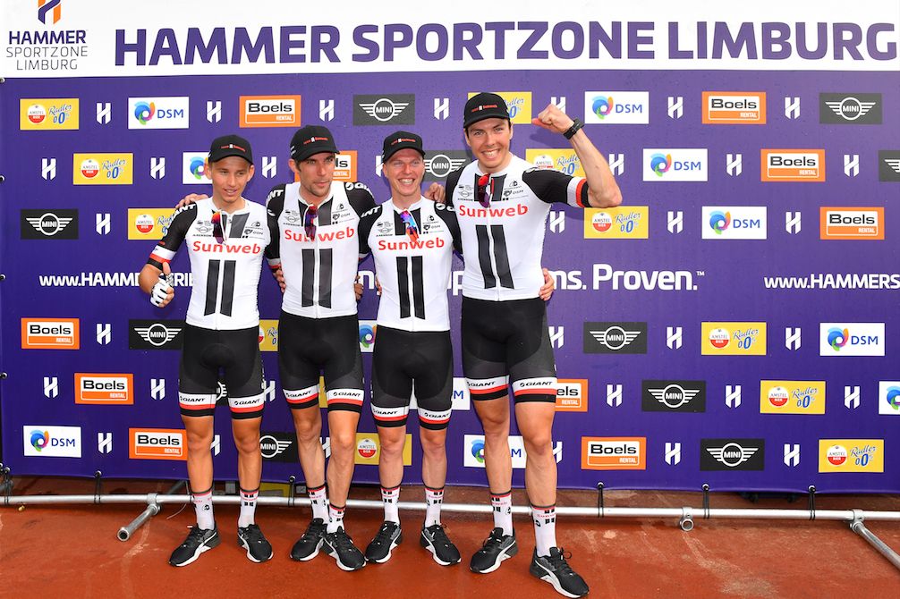 Sunweb celebrating their strong position after the Hammer Sprint