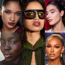 collage of five burgundy makeup looks with wine colored lips smoky red eyeshadow and deep berry blush