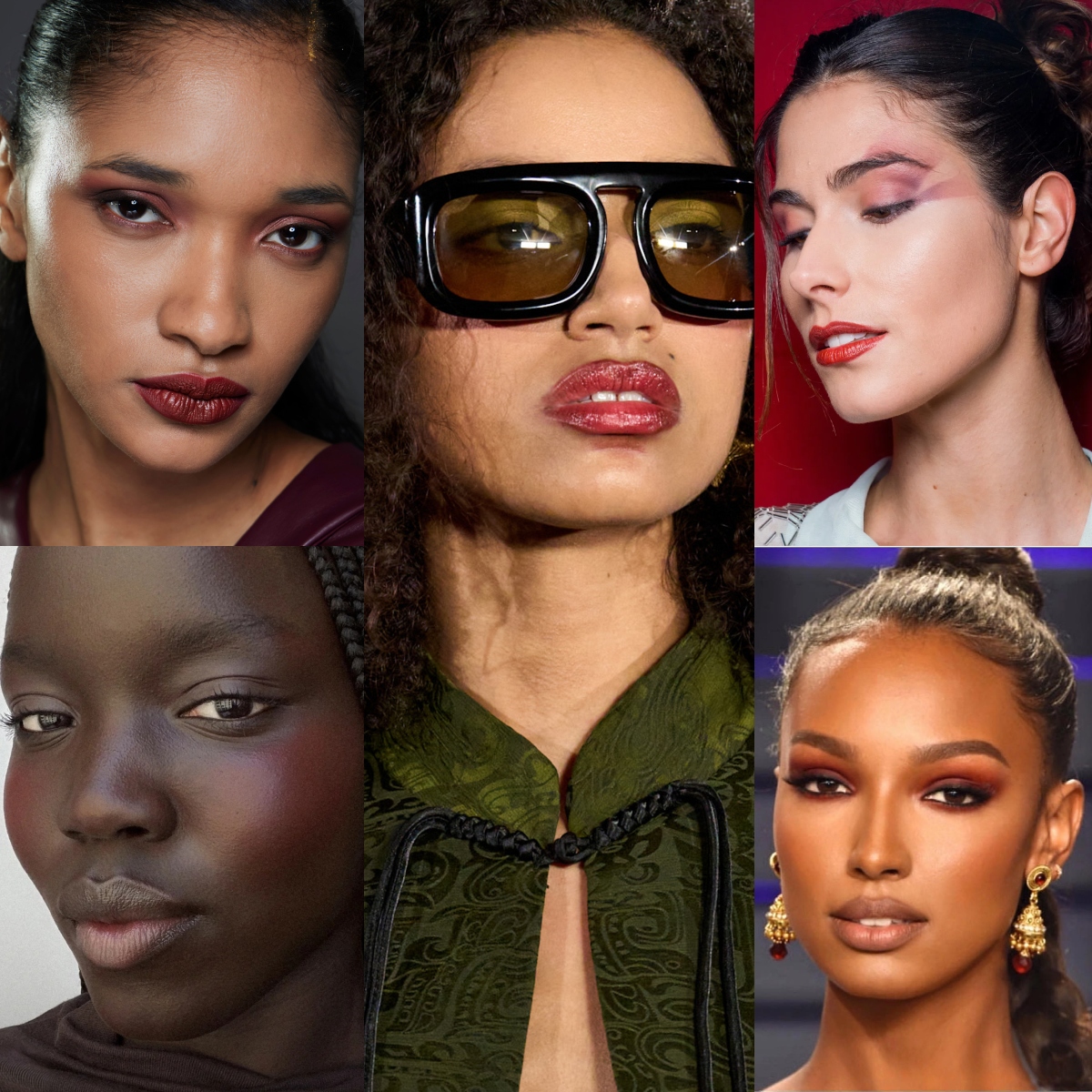 collage of five burgundy makeup looks with wine colored lips smoky red eyeshadow and deep berry blush