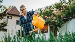 Woman watering garden with a yellow watering can