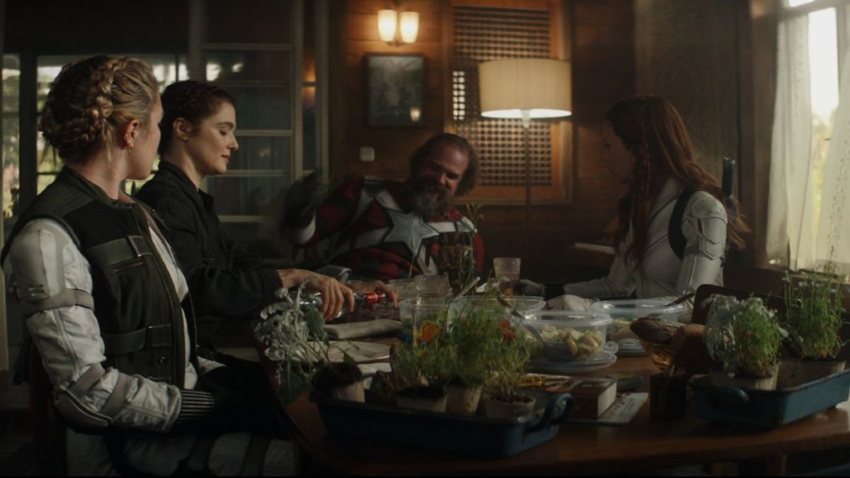 Natasha Romanoff and her family have dinner in Black Widow