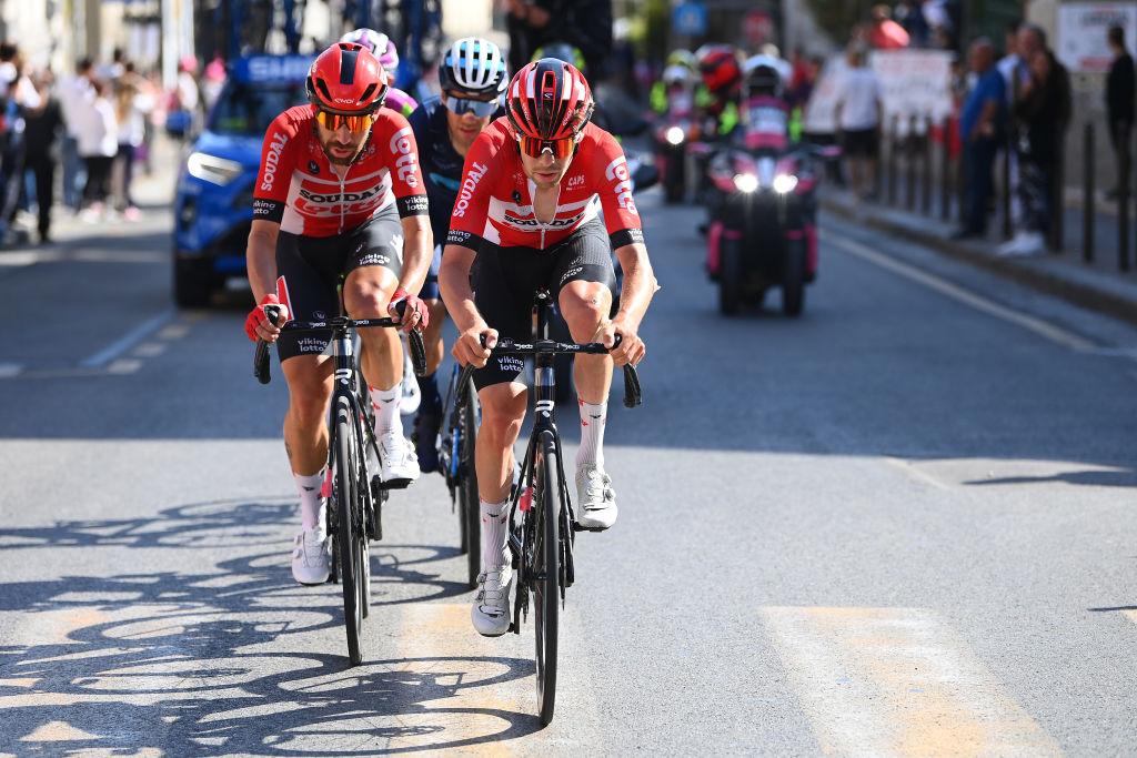 NAPOLI ITALY MAY 14 Harm Vanhoucke of Belgium and Thomas De Gendt of Belgium and Team Lotto Soudal compete in the breakaway during the 105th Giro dItalia 2022 Stage 8 a 153km stage from Napoli to Napoli Giro WorldTour on May 14 2022 in Napoli Italy Photo by Tim de WaeleGetty Images