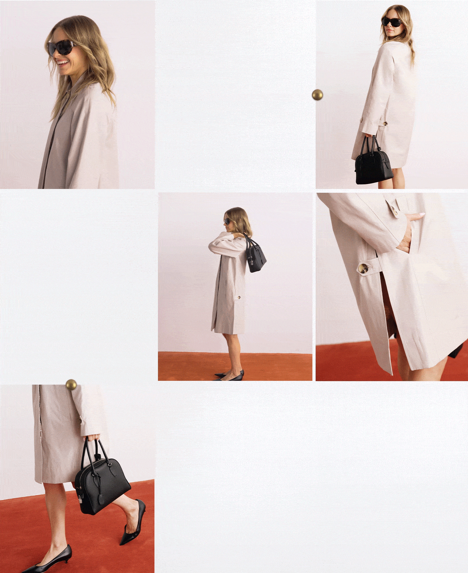 A collage of Nikki wearing the trench coat.